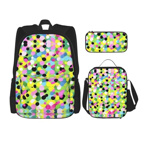 WURTON Twister Polka Dots Muster Druck Reise Lunchbox Federmäppchen Rucksack Set 3 Stück Verstellbare Träger Leicht, Schwarz, Einheitsgröße