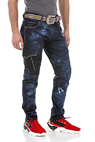 Cipo & Baxx Herren Jeans Hose Cargo Nieten Regular Fit Pants Denim Jeanshose Pants CD677 Blau W32 L34