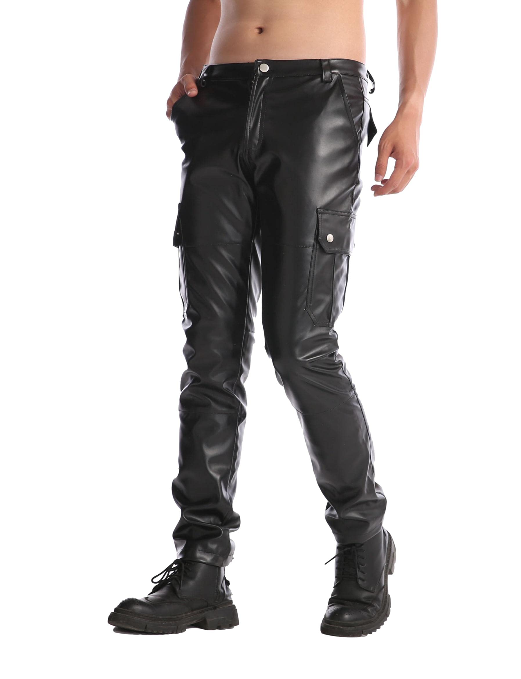 Idopy Herren-Cargohose aus Kunstleder, dehnbar, schmale Passform Gr. 50, Schwarz