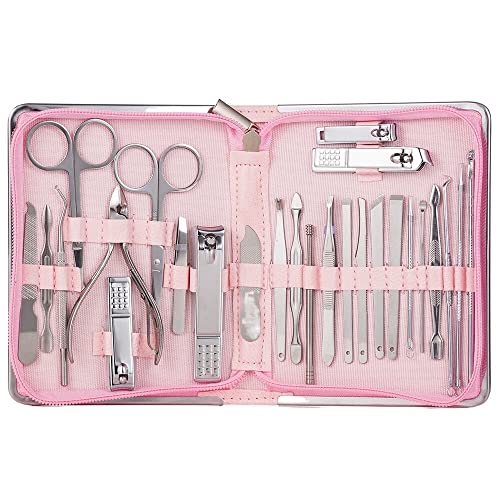 SCRUBY Nagelknipser, professionelles Pflegeset, Pediküre-Set, Nagelschneider, Werkzeuge mit luxuriösem Reiseetui, Maniküre, Schere, Make-up (26 Stück, Rosa)