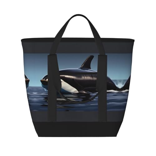 YQxwJL Orca Killer-Wal-Aufdruck, großes Fassungsvermögen, isolierte Kühltasche, Einkaufstasche, Reisetasche, Strand, wiederverwendbare Einkaufstasche für Erwachsene, Schwarz, Einheitsgröße, Schwarz ,