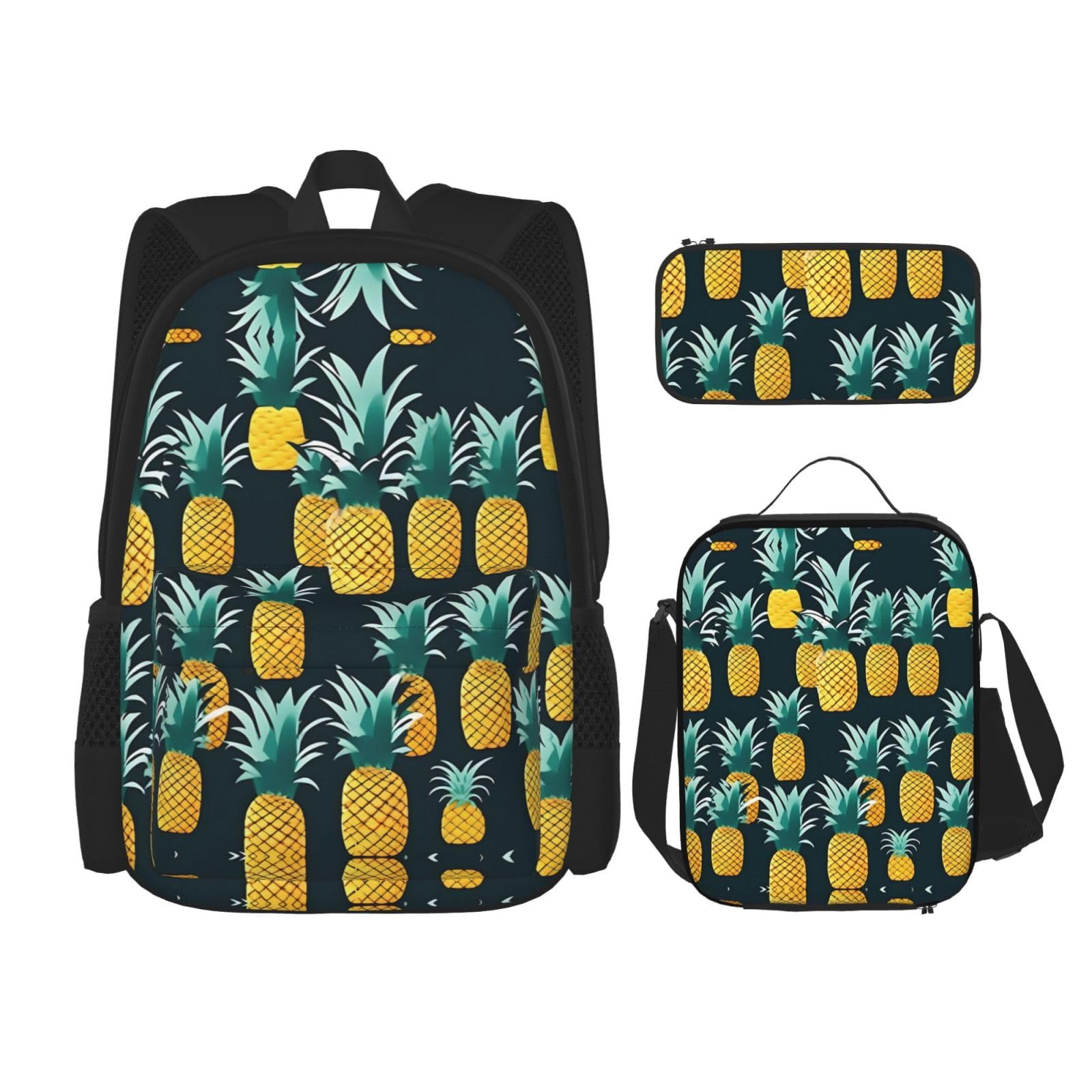 YQxwJL 3-in-1-Rucksack-Büchertaschen-Set, violettes Rosen-Skelett-Druck, lässiger Reiserucksack, mit Federmäppchen, Lunchtasche, Ananas, Einheitsgröße