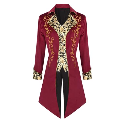 Mittelalter Kleidung Herren, Smoking Herren Jacke Steampunk Gothic Frack Mantel Faschingskostüme Männer Renaissance Retro Blumenstickerei Revers Mantel Halloween Vampir Karneval Cosplay Costume