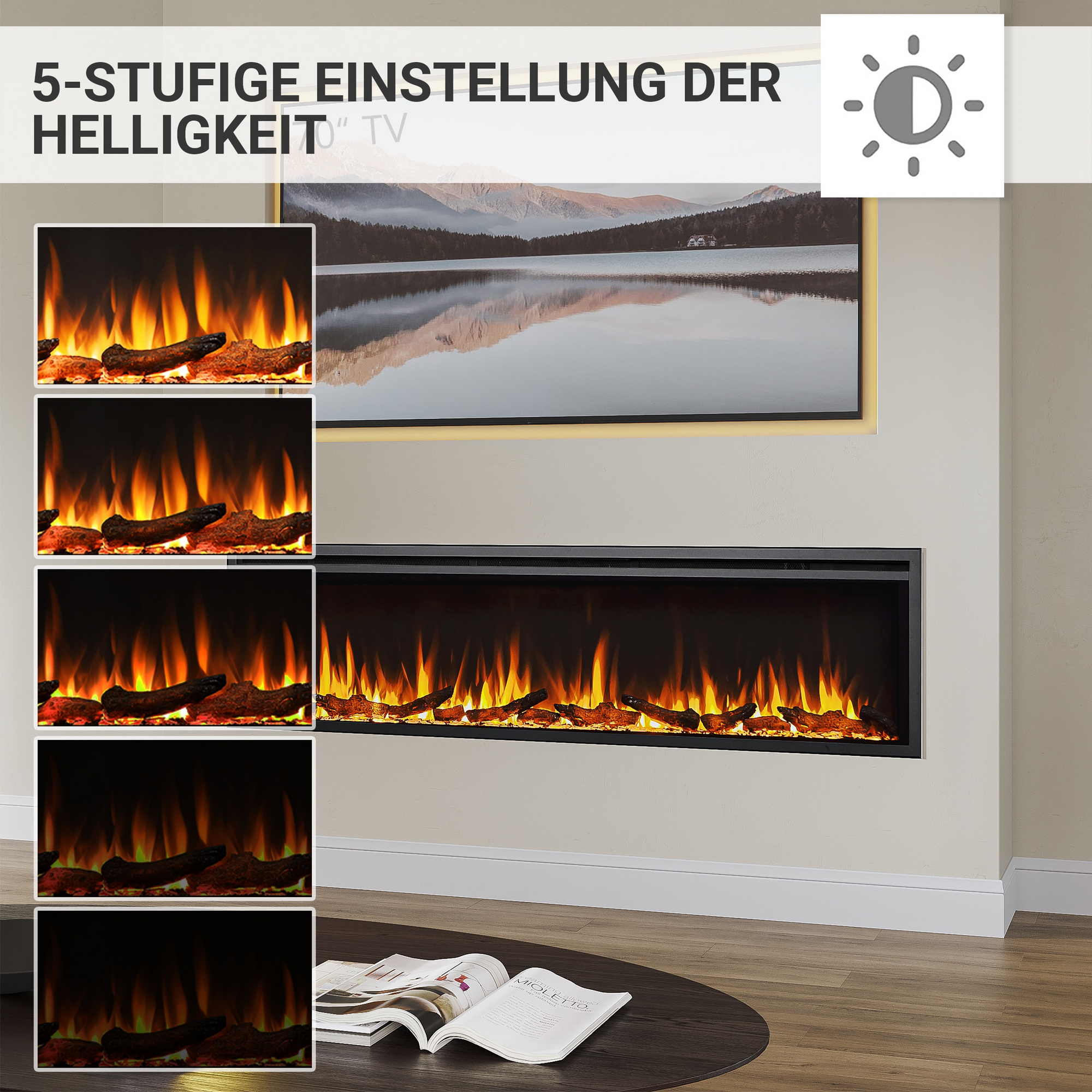 CrownFlame Elektro-Einbaukamin 'Atalanta 72' schwarz 1500 W, Wifi 3D-Flammeneffekt Fernbedienung 183 x 48 x 14,7 cm 3