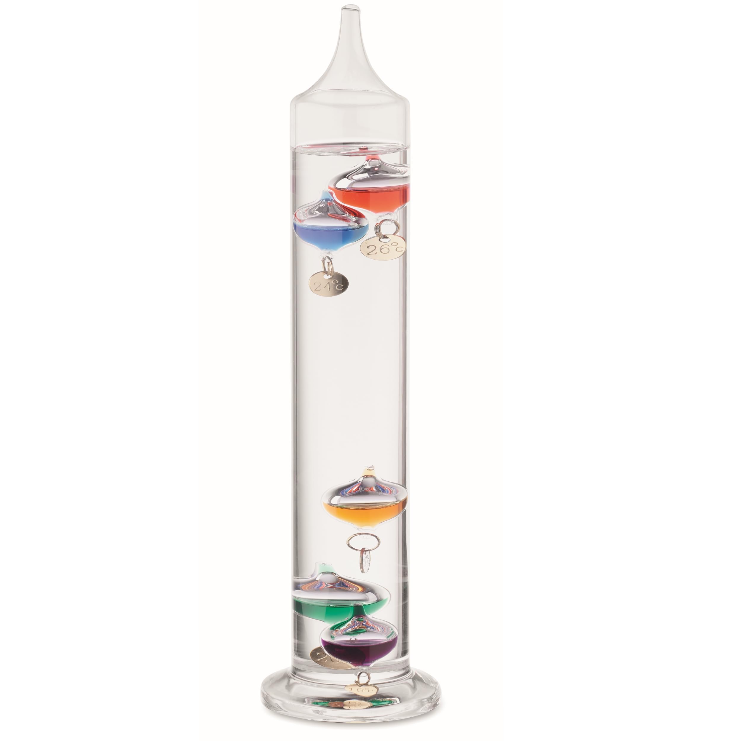 Galileo Thermometer Dekoratives Retro Galileo-Thermometer Classic Glas Größe 28 cm Galileisches Thermometer mit 5 farbigen schwimmenden Glaskugeln Faszinierende Geschenkidee Messbereich 18-26 Grad C