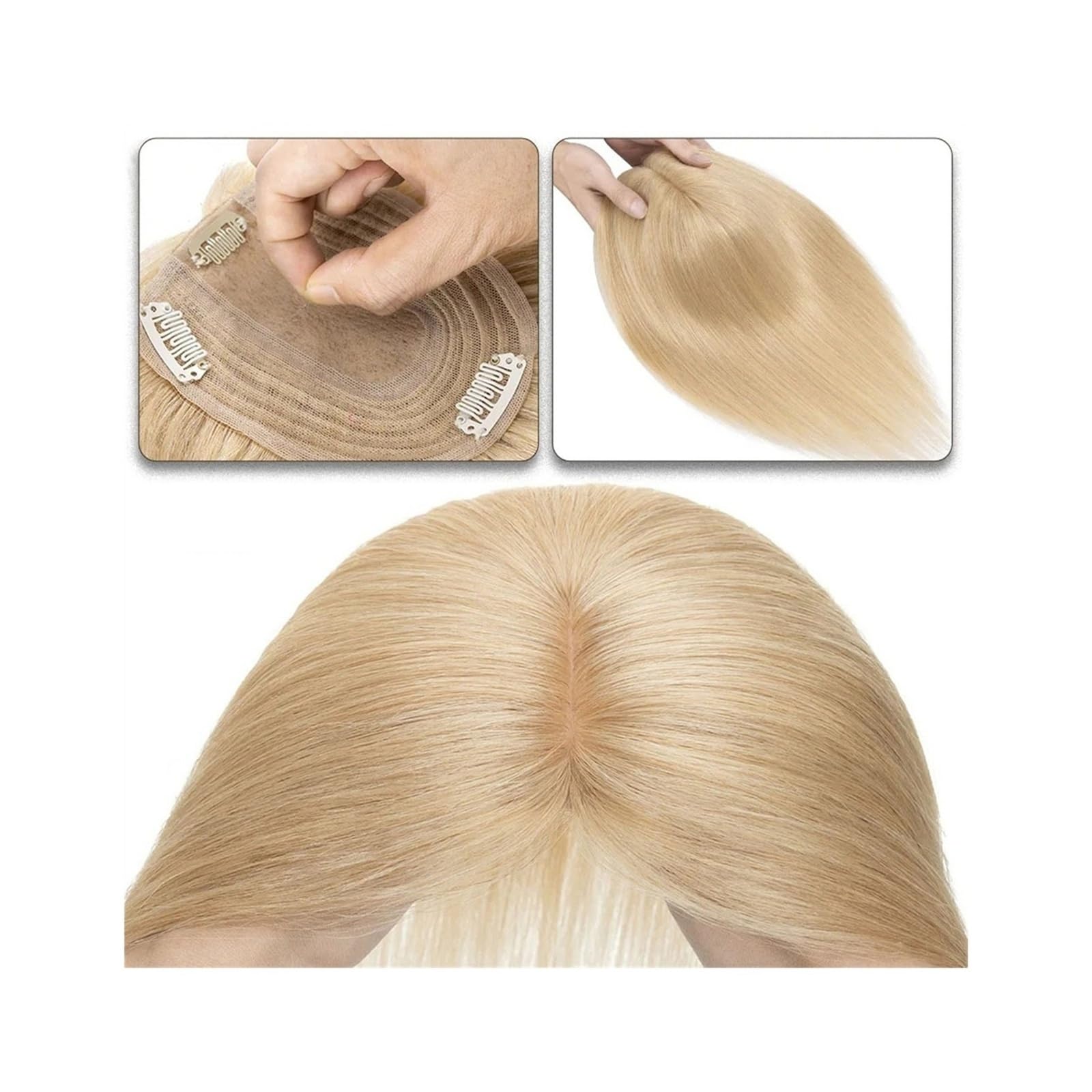 Haartopper für Frauen Haaraufsätze for Frauen, 15,2–45,7 cm, Mittelteil, Echthaaraufsatz, Haarteil, 10 x 12 cm, Seidenbasis mit 4 Clips, glatter Haaraufsatz for dünner werdendes Haar, Haarausfall Haar