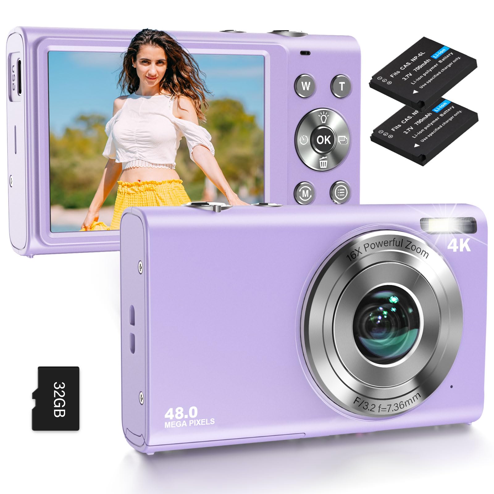 Digitalkamera, 4K Autofokus Fotoapparat Fotokamera mit 32G SD Karte HD 48MP mit 2.8" großem Bildschirm, 16X Digitalzoom, Kompaktkamera Tragbare Mini Kamera für Erwachsene, Anfänger（Lila）