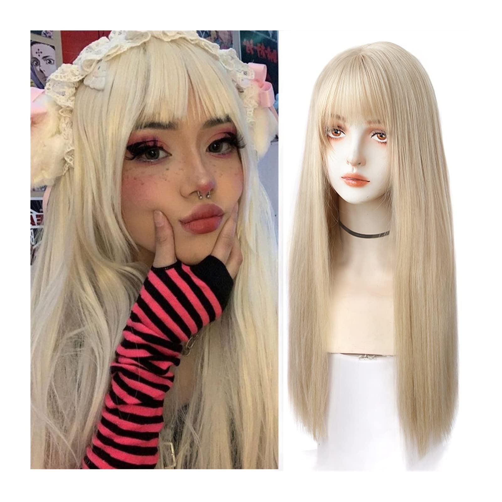 Perücken für Frauen Lange glatte Haarperücke for Frauen, Weißgold, Kunsthaarperücke mit Pony, glatte, gerade, natürliche Party-Cosplay-Perücke for Mädchen für die Tägliche Party Cosplay Tragen