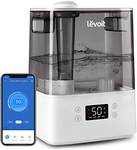 LEVOIT 6L Luftbefeuchter Top-Fill Humidifier Wlan 28dB mit APP & Alexa Steuerung, Auto & Schlafmodus, Ultra Leise 60H Ultraschall Raumluftbefeuchter mit Kinderzimmer Schlafzimmer bis 47m², Grau