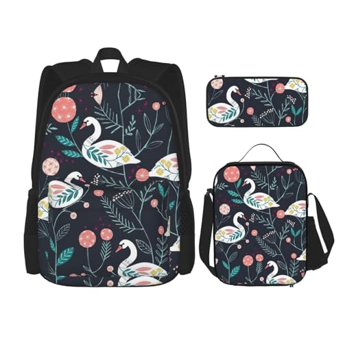 WURTON Schulterrucksack, 3-in-1-Büchertaschen-Set, Lunchbox, Federmäppchen, Reise-Laptop-Tagesrucksäcke mit Blumenmuster, Schwarz, Einheitsgröße