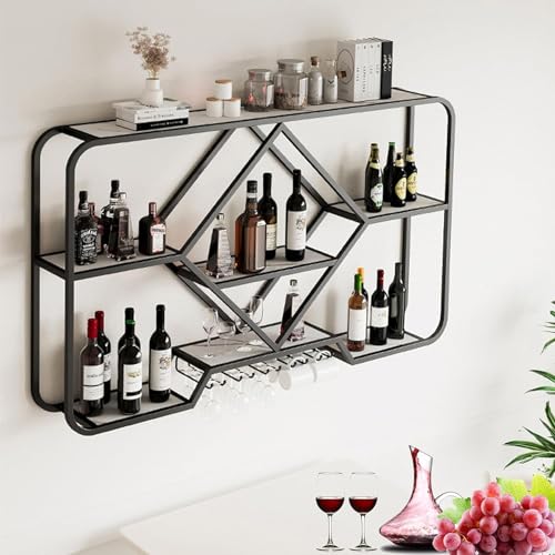 Weinregal, wandmontierte Barregale mit Weinglashalter – Likörregal, Minibar für die Aufbewahrung in der Küche – Glasregale, Wand-Barschrank, Ausstellungsregal für Likörflaschen – Eck-Kaffeeb