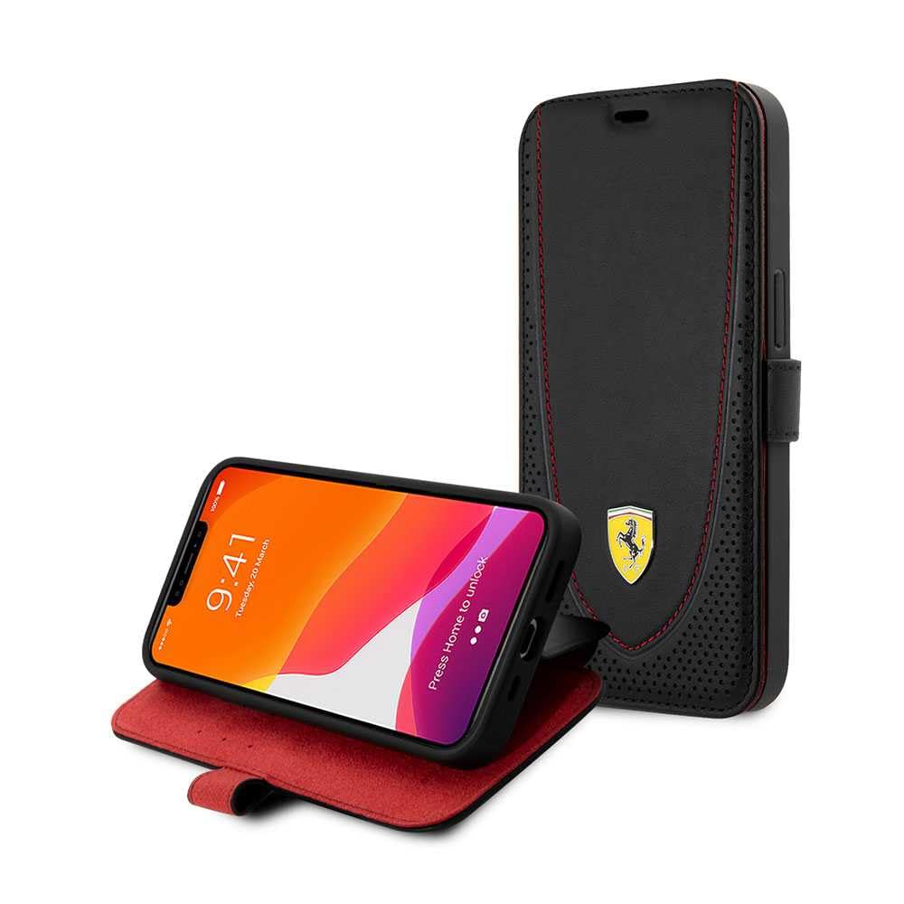 Ferrari Schutzhülle für iPhone 13 Pro in Schwarz mit roter Kurve aus echtem Leder mit perforiertem Bookstyle & Schutzhülle mit zugänglichem Anschluss, Stoßdämpfung & Signature Logo