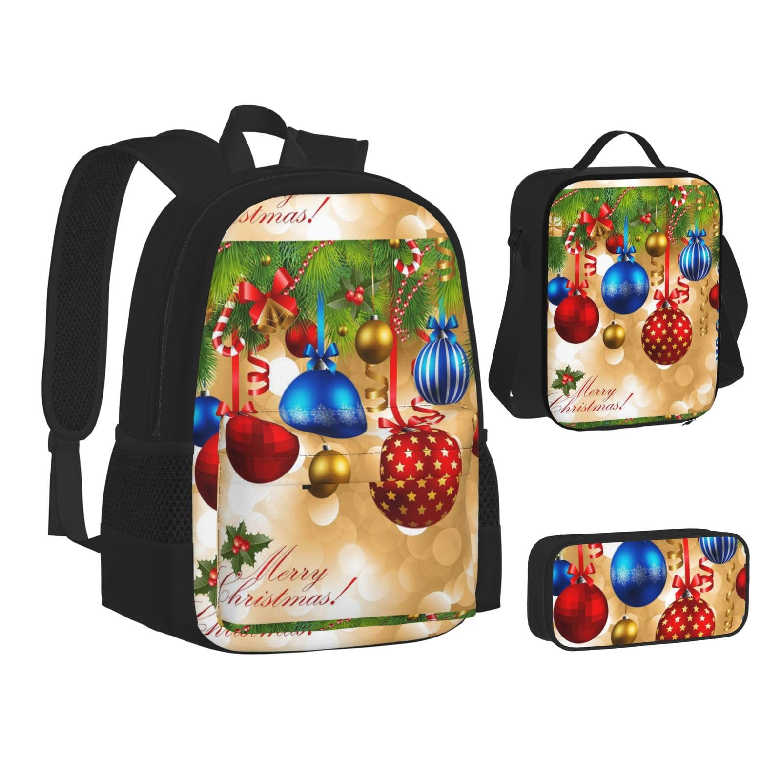 WURTON Lunchbox-Set mit Aufdruck "Merry Christmas", 3-in-1 Büchertasche und Federmäppchen, passende Kombination, Schwarz, Einheitsgröße