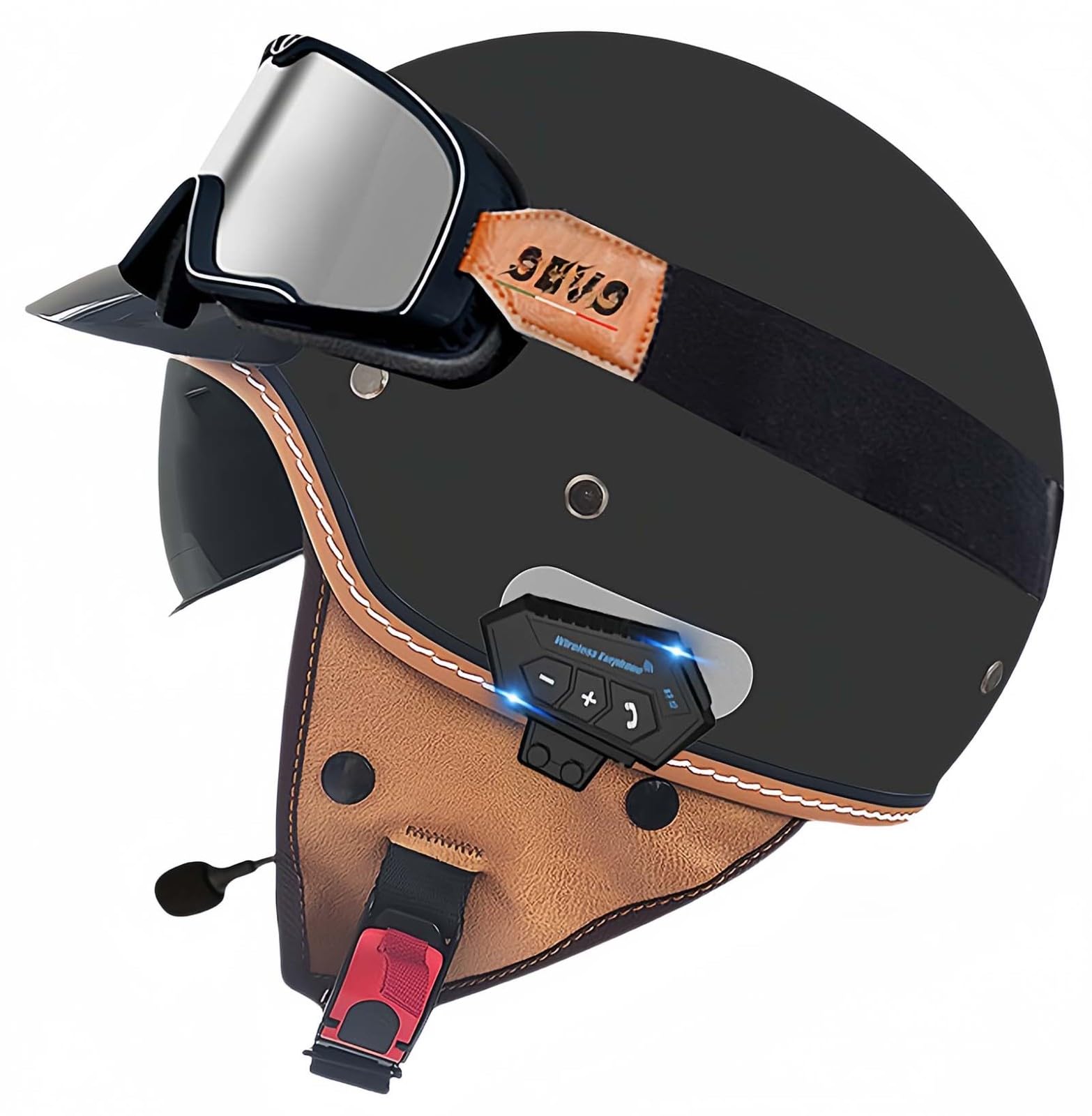 Retro-Bluetooth-Helm Mit Offenem Gesicht, Demi-Jet-Rollerhelm Mit Visier Mit Offenem Gesicht, Klassischer Jet-Motorradhelm, Vintage, ECE-Zugelassener Für Männer Und Frauen A,M57-58CM