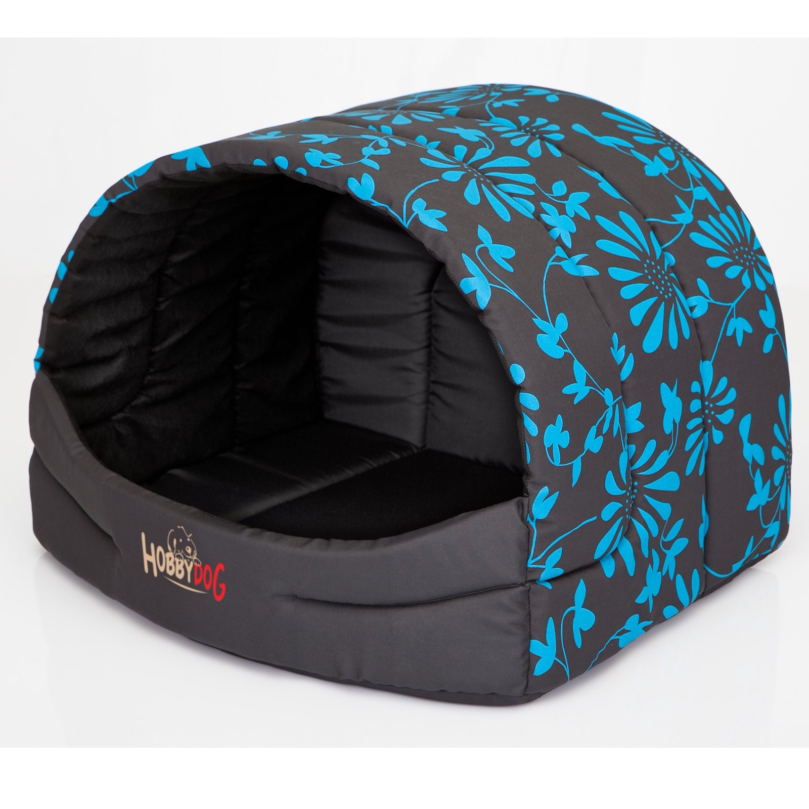 millybo Hundehütte Hundehöhle Hundebett Hundehaus S-XL (R3 (55 x 43 cm), grau mit Muster (blaue Blumen))