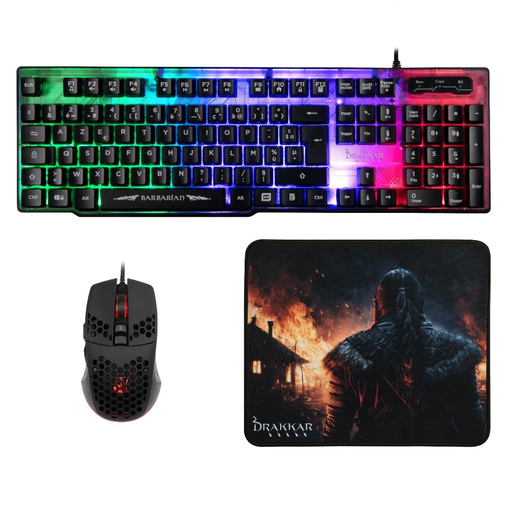 Konix Drakkar Barbarian Gaming-Zubehörpaket für PC - AZERTY-Tastatur mit LED-Hintergrundbeleuchtung - Kabelgebundene Maus 102 g - Viking-Mauspad