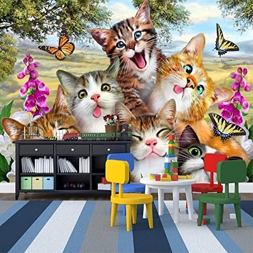 XLMING Porträt Einer Niedlichen Cartoon-Katze Selbstporträt Kinder Wand Küche Esszimmer Arbeitszimmer Wohnzimmer TV Hintergrund Wand 3D Tapete-250cm×170cm