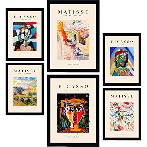 Nacnic Set mit 6 Postern von Picasso und Matisse. Letztes Jahrhundert. Drucke des Fauvismus und Surrealismus für Innenarchitektur und Dekoration. A3 & A4 Schwarze Rahmen.