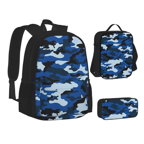 WURTON Rucksack, Lunchbox-Set, 3-in-1, Büchertasche und Federmäppchen, Blau mit Camouflage-Aufdruck, passende Kombination, Schwarz, Einheitsgröße