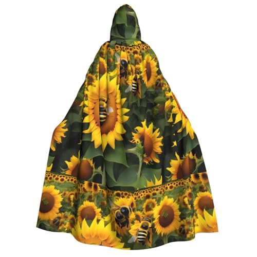 WURTON Sonnenblumen-Bienen-Druck, Unisex, Kapuzenumhang, Kostüm, Damen und Herren, Vampir, Halloween, Cosplay, Karneval, Mottoparty