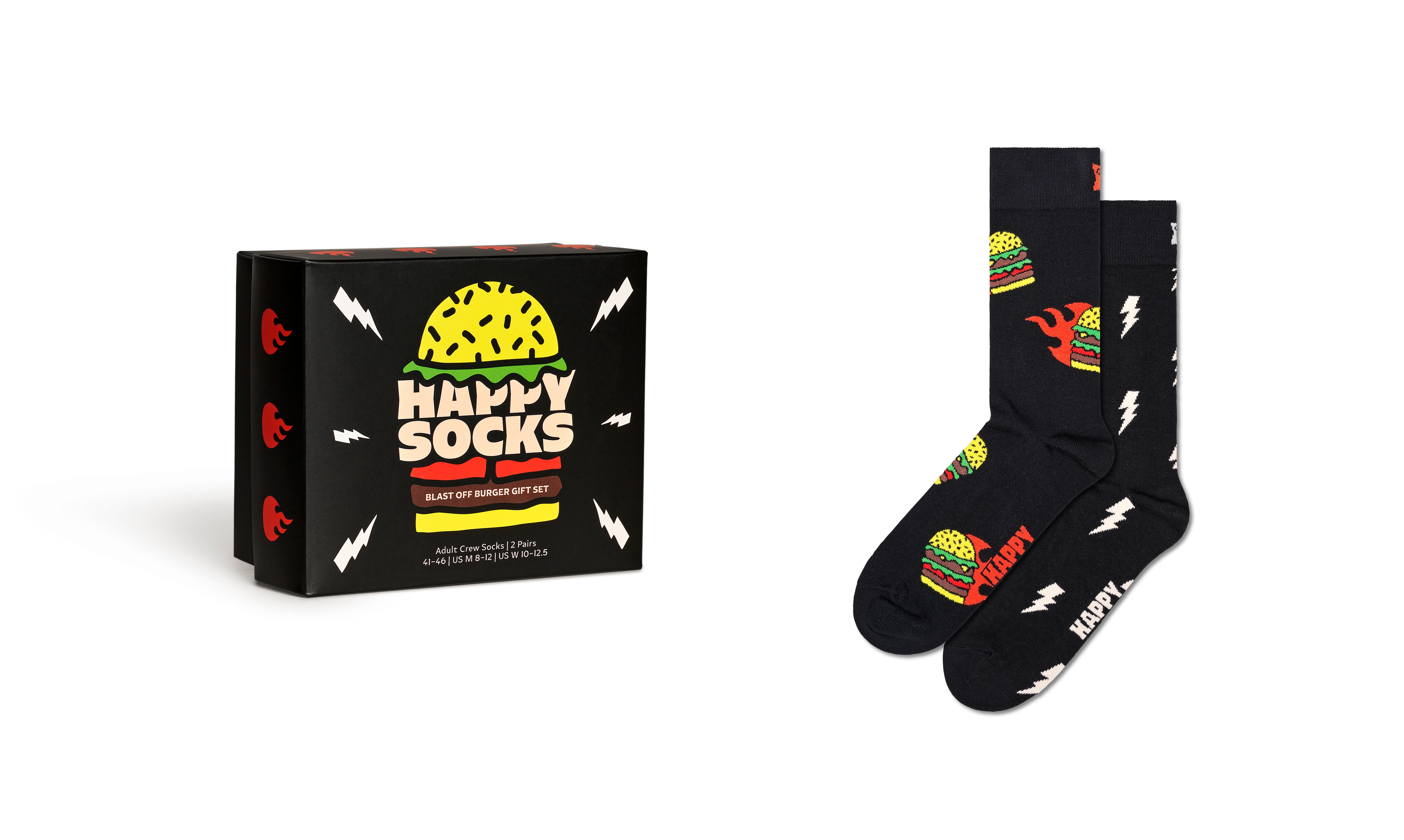 Happy Socks 2-Pack Burger Socken für Damen und Herren, lustige bunte schwarz crew Socken als Geschenk Größe 36-40