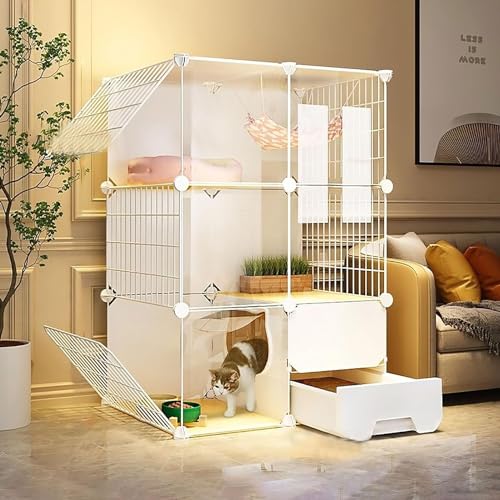 Großer abnehmbarer Katzenkäfig Laufstall für Innen Halbgeschlossene, abnehmbare Katzenkiste, Katzengehege, Kleintierkäfig mit Leiter/Katzentoilette/Katzenstall for Katzen und Kleintiere(72x37x107cm)