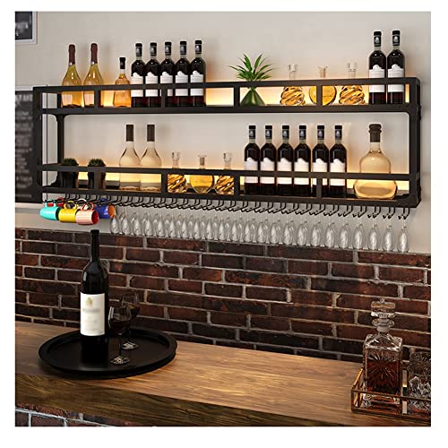 Hängende industrielle runde Weinregale, Weinregale zur Wandmontage mit LED-Licht, rustikaler Flaschenhalter, Glasregal, geeignet for Zuhause, Küche, Wohnzimmer, Esszimmer, Büro, Bar, perfekte Wanddeko