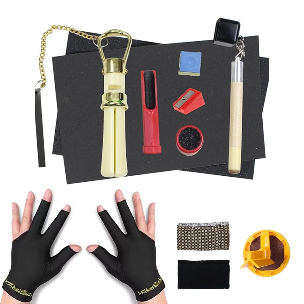 PolyMath Snooker Cue Repair Kit, 10 Pieces Cue Tips, Sanding Tool, 2 Pieces Billiard Gloves, Left and Right Hand, Free