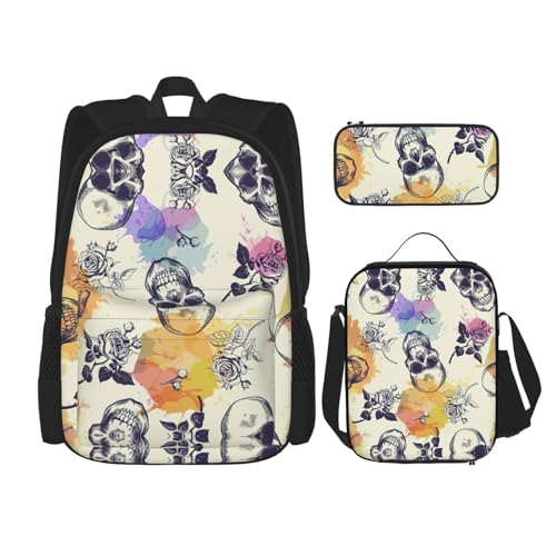 WURTON Schulrucksack-Set mit Totenkopf-Blumendruck, 3-in-1-Büchertaschen-Set mit Lunchbox, Federmäppchen, Reise-Laptop-Tagesrucksäcke