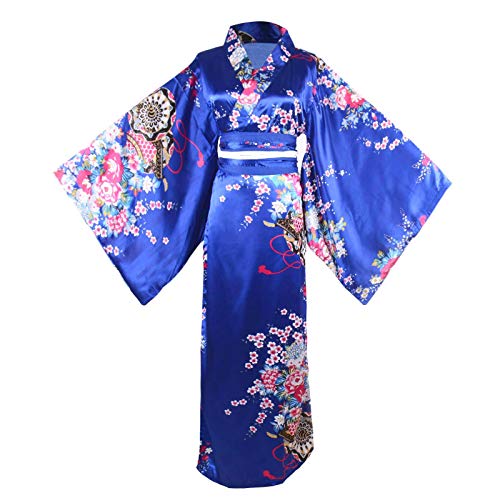 Wraith of East Kimono Kostüm Erwachsene Japanische Geisha Yukata Floral Muster Kleid Blüte Bademantel Nachtwäsche Mit Obi Gürtel, 30 lang Königsblau, Large