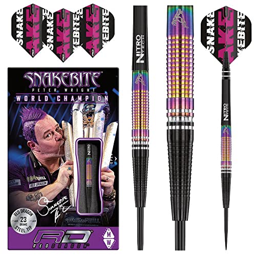 RED DRAGON Peter Wright Snakebite World Champion Tapered SE 23 Gram Professional Darts Set Including Flights and Shafts (Stems)