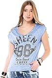 Cipo & Baxx Damen T-Shirt Rundhals Rückenfrei Print Steinstickerei Kurzarm Shirt WT237 Indigo L