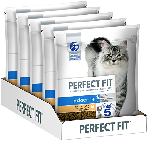 Perfect Fit Indoor 1+ – Trockenfutter für erwachsene Katzen ab 1 Jahr – Indoor mit Huhn – Unterstützt die Vitalität – 5 x 1,4 kg