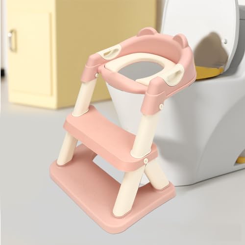 Toilettenleiter für Kinder, Höhenverstellbar Faltbarer Toilettensitz Kinder,2-in-1 Kindertoilettensitz mit Treppe, Spritz- und Rutschfestes Trittbrett (Rosa)