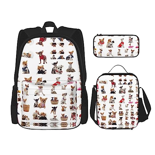 WURTON Niedliches 3-in-1-Büchertaschen-Set mit Chihuahua-Mops-Muster, verstellbarer Schulter-Rucksack, Lunch-Tasche, Federmäppchen, Beutel, Schwarz, Einheitsgröße