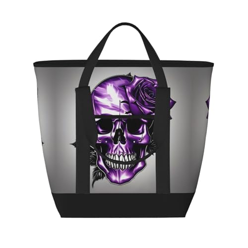 YQxwJL Isolierte Kühltasche mit violetten Rosen und Totenkopf-Aufdruck, große Kapazität, Einkaufstasche, Reisetasche, Strand, wiederverwendbare Einkaufstasche für Erwachsene, Schwarz, Einheitsgröße