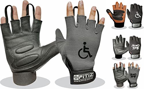 FITIZ Rollstuhlhandschuhe, echtes Leder, Handflächenhandschuhe, Mobilität, gepolsterte Handschuhe, atmungsaktiv, fingerlose Fahrradhandschuhe mit rutschfestem Griff, leichte Fahrradhandschuhe (grau,