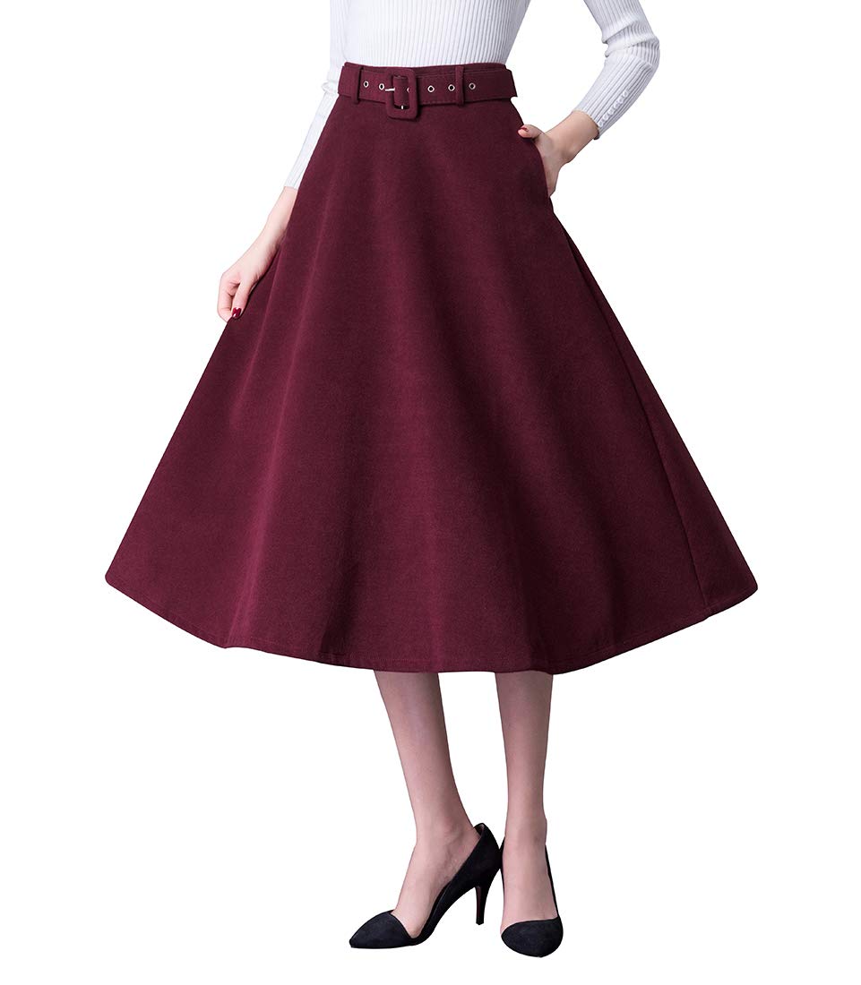 Damen Retro Elegante Hohe Taille Midi Wollrock a Linie Passenden Gurt Herbst Winter Warm Mode Röcke Langen Wolle Rock Ausgestelltem Feste Farbe Rock (XL (Taille: 76 cm, Länge: 75 cm), Weinrot)