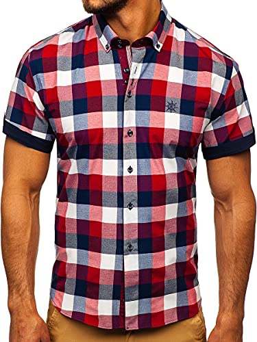 BOLF Herren Kurzarmhemd Kariert Freizeithemd Kurzärmliges Elegant Business Party Hemd Kentkragen Sommer Farbwahl Slim Fit Casual Style 5532 Weinrot M [2B2]