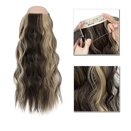 Clip-in-Haarverlängerungen Synthetische Haarverlängerungen, 50,8–61 cm, unsichtbarer Draht, künstliche Haarverlängerungen, 4 Clip, gefälschtes, falsches, langes, gewelltes Haarteil, blond, for Damen C