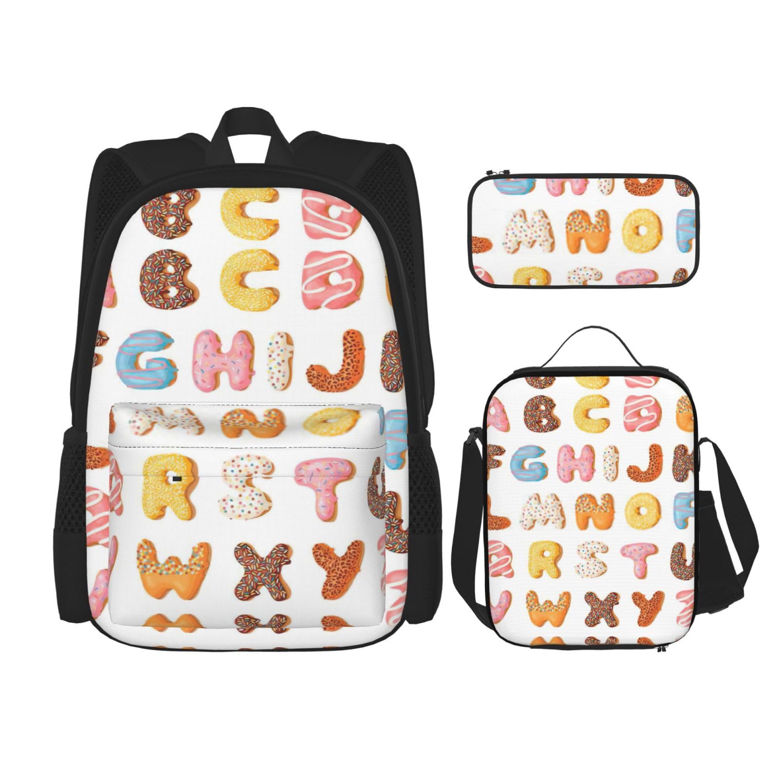 WURTON Rosa Word Cartoon Donut Print Rucksack Set Schule Büchertasche mit Lunch-Tasche Federmäppchen Kombination Schulranzen Set, Schwarz , Einheitsgröße