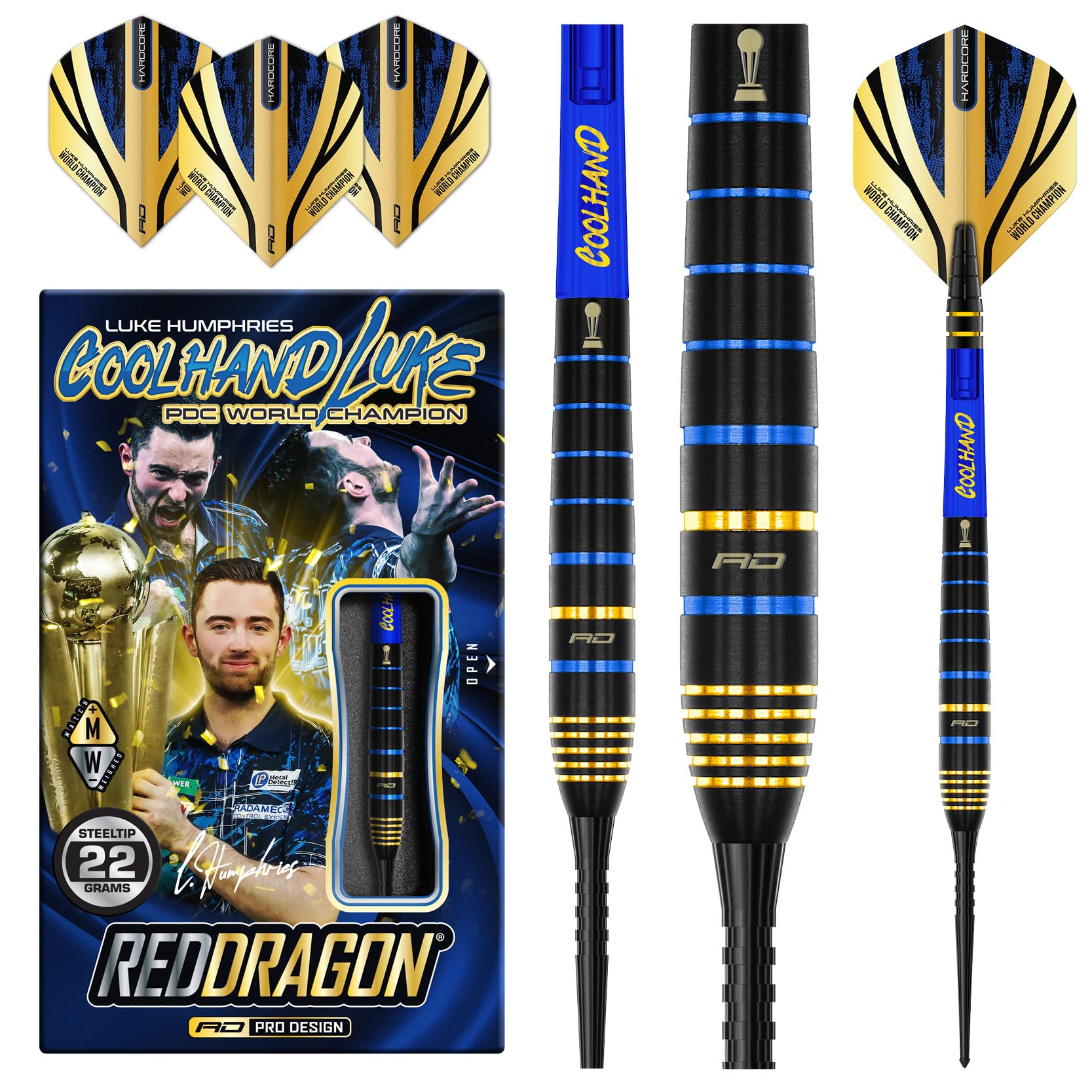 RED DRAGON Luke Humphries TX4 Avenger World Champion Edition Premium Tungsten 22G Steeldart-Set mit Flights und Schäften (Stems)