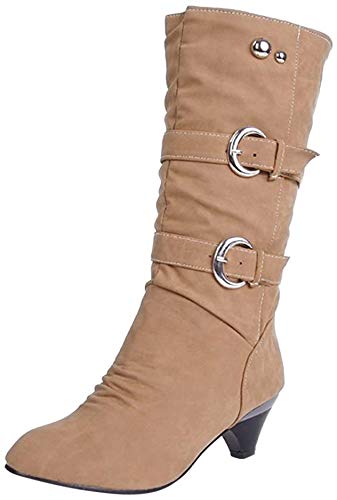 ShallGood Damen Elegant Stiefel Winterstiefel Mittlerer Absatz mit Schnalle Blockabsatz Schuhe Schenkelhoch Outdoor Stiefel Khaki EU 38