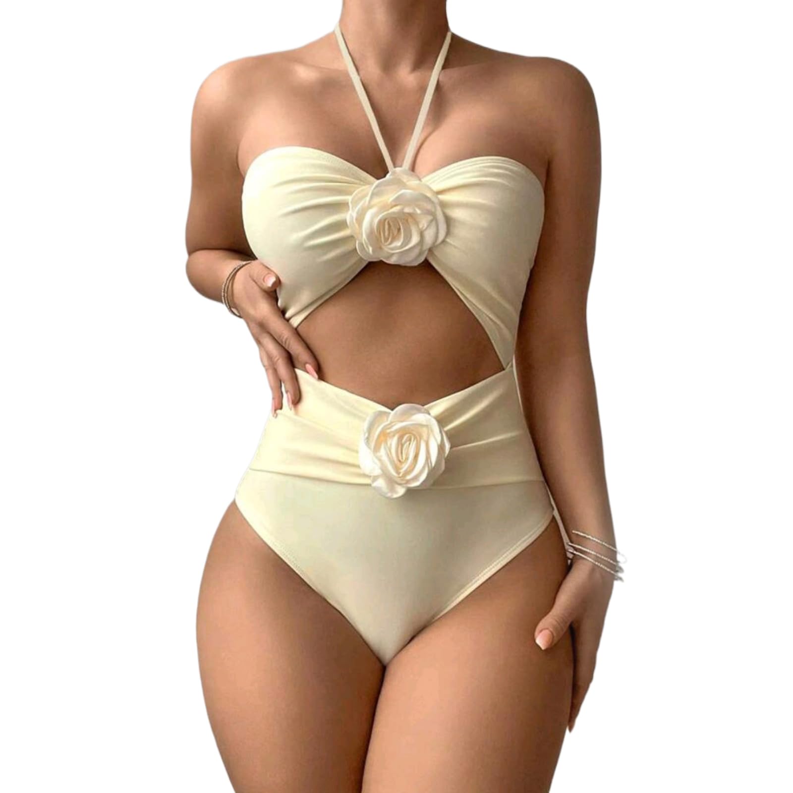 JUNNASALIKER Damen-Badeanzug, Neckholder, rückenfrei, Monokini, 3D-Blumendekoration, Push-Up-Ausschnitt vorne, 1 Stück, einfarbig