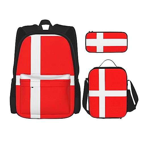 WURTON Dänemark, dänische Flagge, bedruckt, 3-in-1-Sets, lässig, verstellbar, Schulter-Rucksack, Lunch-Tasche, Federmäppchen, Beutel, Schwarz, Einheitsgröße