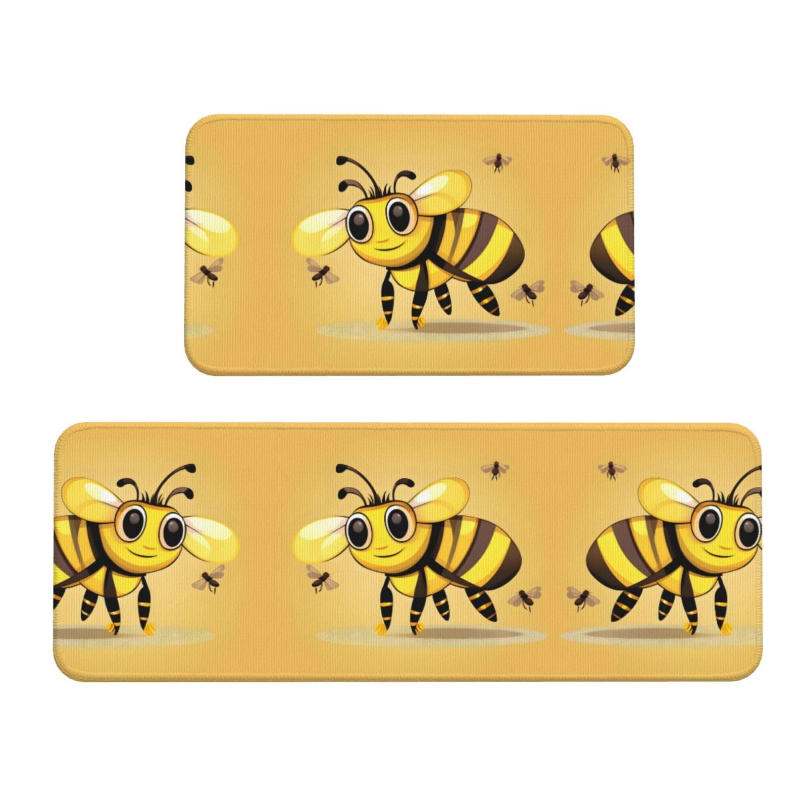 YQxwJL Küchenteppiche mit niedlichem Cartoon-Bienen-Druck, rutschfeste Küchenmatte, 2er-Set, bequeme Stehmatten für Küche, Büro