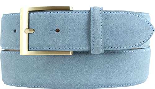 BELTINGER Jeans-Gürtel aus Veloursleder mit goldener Gürtelschnalle 4 cm | Velour-Ledergürtel 40mm | Herren-Gürtel Wildleder-Gürtel 4cm | Jeansblau 105cm