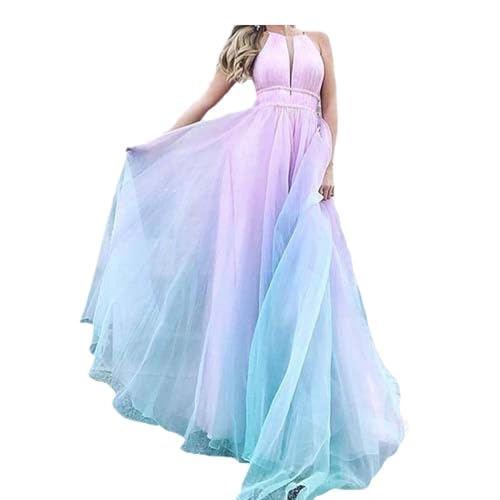 Hosenträgerkleider Für Damen – Sexy Tiefes V-Abendkleid Mit Farbverlauf, Langer Rock, Buntes, Ärmelloses Sommerkleid Mit Lockerer Taille Und Großem Swing-Kleid, Wie Abgebildet, XXL