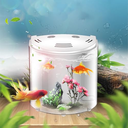 Halbrunder Fischtank für den Schreibtisch mit LED-Licht, Mini-Acryl-Aquarium mit 1,3 Gallonen Fassungsvermögen und künstlicher Wasserpflanze, kleiner eigenständiger Fischtank für Wohnzimmer und Büro