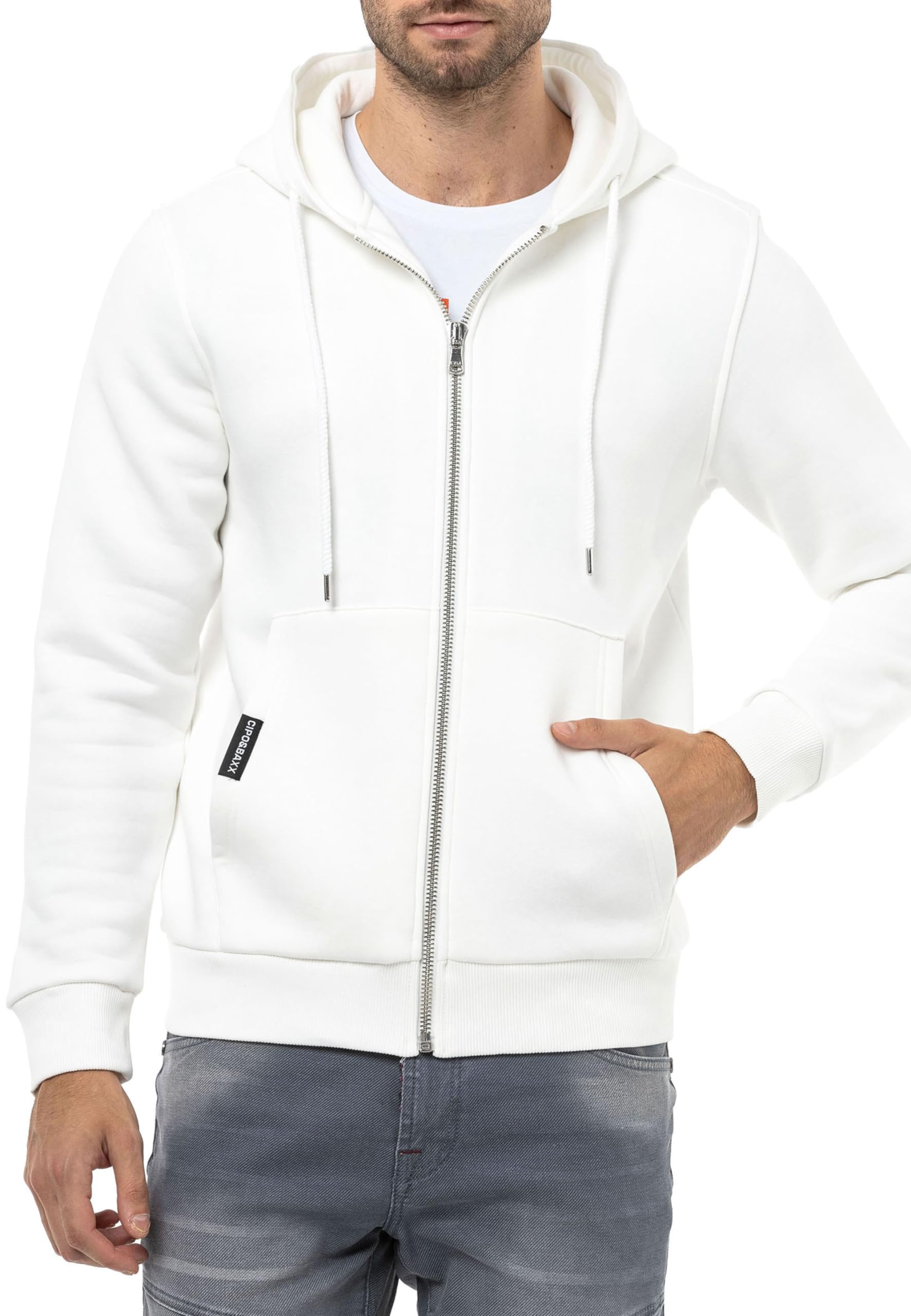 Cipo & Baxx Herren Sweatjacke Sweatshirt Basic Kapuzenpullover Reißverschluss Sweat CL556 Ecru S